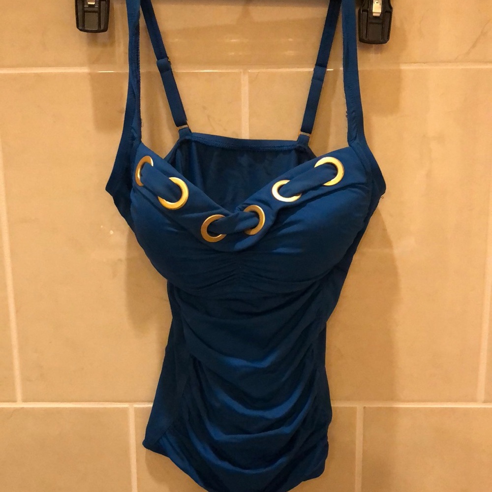 Bleu Rod Beattie Teal Tankini Top Yellow Gold Grommet Sz 6